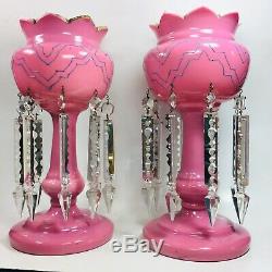 Set of (2) Antique Pink Victorian Cased Glass Candle Lusters Mantel Art Deco