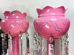 Set of (2) Antique Pink Victorian Cased Glass Candle Lusters Mantel Art Deco