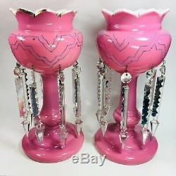 Set of (2) Antique Pink Victorian Cased Glass Candle Lusters Mantel Art Deco