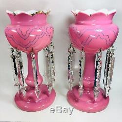 Set of (2) Antique Pink Victorian Cased Glass Candle Lusters Mantel Art Deco