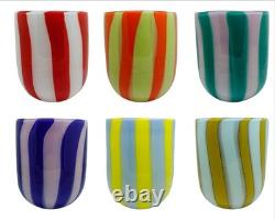 Set of Six 6 Murano Art Glass Tumblers Canne Opaque Pink Green Blue Yellow Red