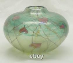 Siddy Langley Studio Glass Globular Vase, Green & Pink Love Hearts Signed 1985