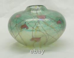 Siddy Langley Studio Glass Globular Vase, Green & Pink Love Hearts Signed 1985