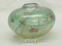 Siddy Langley Studio Glass Globular Vase, Green & Pink Love Hearts Signed 1985