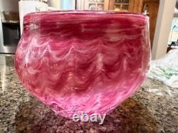 Signed Art Glass Bowl Pink Cranberry Swirl Hand Blown Studio Glass 8 Large