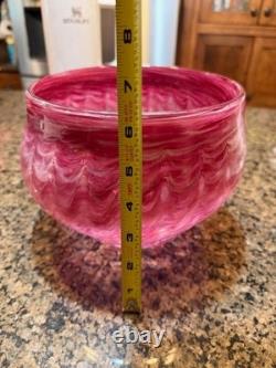 Signed Art Glass Bowl Pink Cranberry Swirl Hand Blown Studio Glass 8 Large
