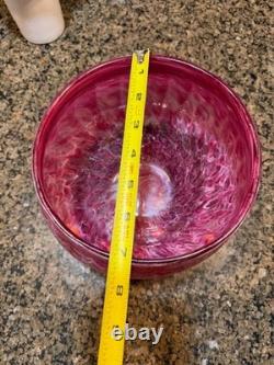 Signed Art Glass Bowl Pink Cranberry Swirl Hand Blown Studio Glass 8 Large