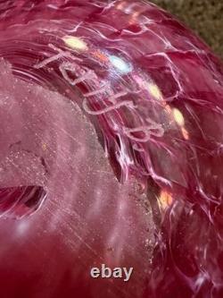 Signed Art Glass Bowl Pink Cranberry Swirl Hand Blown Studio Glass 8 Large