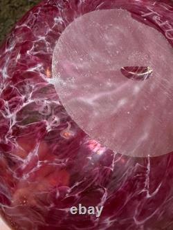 Signed Art Glass Bowl Pink Cranberry Swirl Hand Blown Studio Glass 8 Large