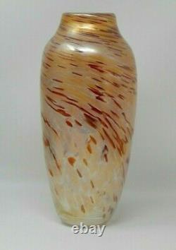 Signed Art Glass Vase Iridescent Peach Tan Red Swirl Rosetree New Orleans 11