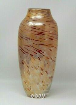 Signed Art Glass Vase Iridescent Peach Tan Red Swirl Rosetree New Orleans 11
