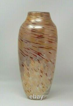 Signed Art Glass Vase Iridescent Peach Tan Red Swirl Rosetree New Orleans 11