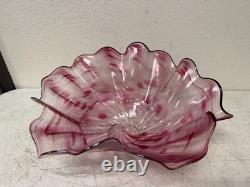 Signed DAVE DONALSON Hand Blown ART GLASS BOWL VASE Extra Large Ruffled Pink