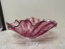 Signed DAVE DONALSON Hand Blown ART GLASS BOWL VASE Extra Large Ruffled Pink