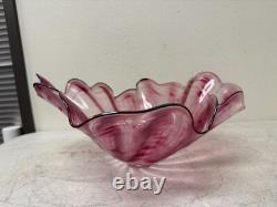 Signed DAVE DONALSON Hand Blown ART GLASS BOWL VASE Extra Large Ruffled Pink
