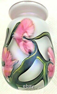 Signed John Lotton Pink Multiflora / White Opal Vase- Signed Dated 1990