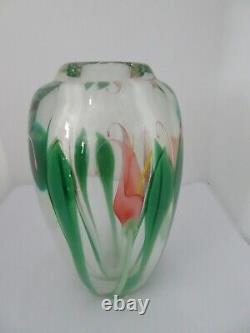 Signed Orient & Flume Glass Beyers Cased Pink Calla Lilies Paperweight Vase