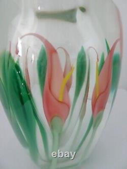 Signed Orient & Flume Glass Beyers Cased Pink Calla Lilies Paperweight Vase