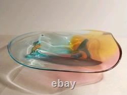 Signed Paul Harrie Art Glass Blue Yellow Pink Original Sticker Mint Condition