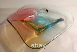 Signed Paul Harrie Art Glass Blue Yellow Pink Original Sticker Mint Condition