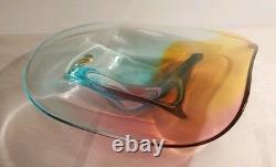 Signed Paul Harrie Art Glass Blue Yellow Pink Original Sticker Mint Condition