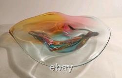 Signed Paul Harrie Art Glass Blue Yellow Pink Original Sticker Mint Condition