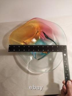 Signed Paul Harrie Art Glass Blue Yellow Pink Original Sticker Mint Condition