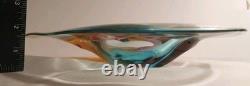 Signed Paul Harrie Art Glass Blue Yellow Pink Original Sticker Mint Condition