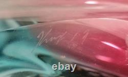 Signed Paul Harrie Art Glass Blue Yellow Pink Original Sticker Mint Condition