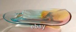 Signed Paul Harrie Art Glass Blue Yellow Pink Original Sticker Mint Condition