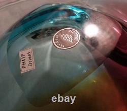 Signed Paul Harrie Art Glass Blue Yellow Pink Original Sticker Mint Condition