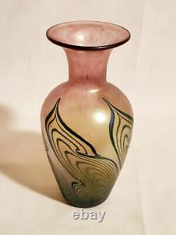 Signed ROBERT HELD ART GLASS 7.25 Vase Pink/Yellow Iridescent with Pulled Feath