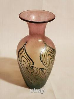 Signed ROBERT HELD ART GLASS 7.25 Vase Pink/Yellow Iridescent with Pulled Feath