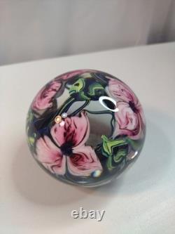 Signed Richard Olma 1998 3.5 Art Glass Hand Blown Flower Paperweight Pink Green