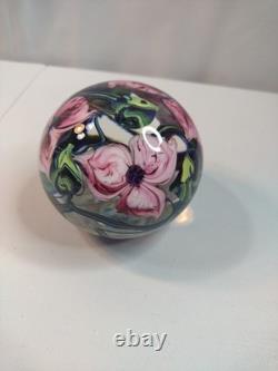Signed Richard Olma 1998 3.5 Art Glass Hand Blown Flower Paperweight Pink Green