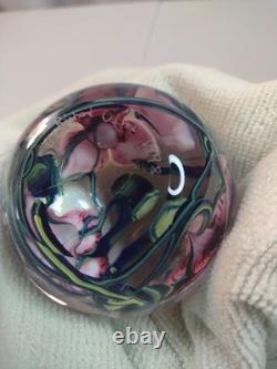 Signed Richard Olma 1998 3.5 Art Glass Hand Blown Flower Paperweight Pink Green