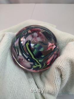 Signed Richard Olma 1998 3.5 Art Glass Hand Blown Flower Paperweight Pink Green