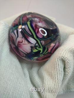Signed Richard Olma 1998 3.5 Art Glass Hand Blown Flower Paperweight Pink Green