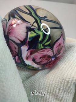 Signed Richard Olma 1998 3.5 Art Glass Hand Blown Flower Paperweight Pink Green