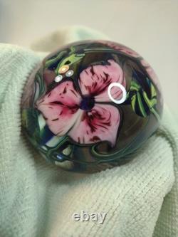 Signed Richard Olma 1998 3.5 Art Glass Hand Blown Flower Paperweight Pink Green