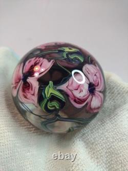 Signed Richard Olma 1998 3.5 Art Glass Hand Blown Flower Paperweight Pink Green