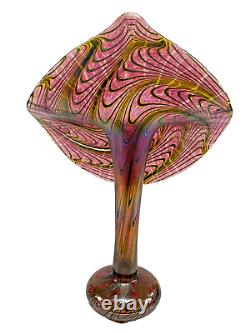 Signed Robert Held Art Glass, Iridized Pink Peacock Feather Jack In The Pulpit