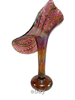 Signed Robert Held Art Glass, Iridized Pink Peacock Feather Jack In The Pulpit