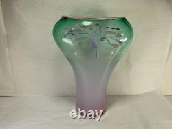 Signed Studio Art Glass Vase 13 3/8 in Mint Green Lavender Pink Gradient