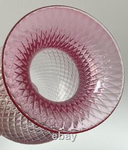 Signed Val St Lambert Crystal Art Glass Vase 8.75 Pink Cranberry Diamond Optic