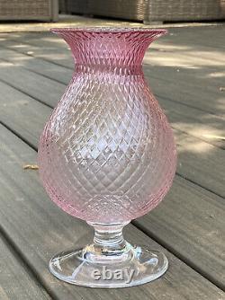 Signed Val St Lambert Crystal Art Glass Vase 8.75 Pink Cranberry Diamond Optic