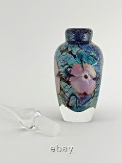 Signed Vandermark Studio Art Glass Perfume Bottle Floral Blue Pink 6