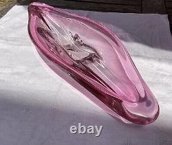 Signed Vintage Val St Lambert Pink Crystal Art Glass Centrepiece Bowl Dish Retro