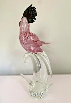 Signed Zane Murano Art Glass Pink & Black Cockatoo Parrot Bird Figurine 13