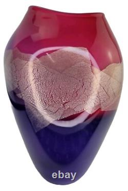 Sigwarth Art Glass Studio Silver Leaf Pink Purple Abstract Vase Hand Blown